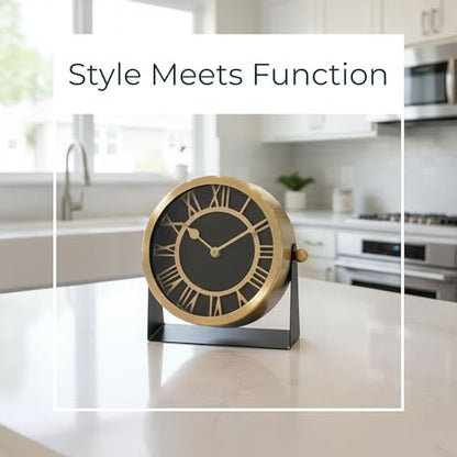 Metal Table Clock for Living Room Decor - Desk Clock for Office Desk, Study Room, Living Room, Mantel or Table Styling - Small Home Decor for Shelf or Tabletop Display - 7", Gold & Black