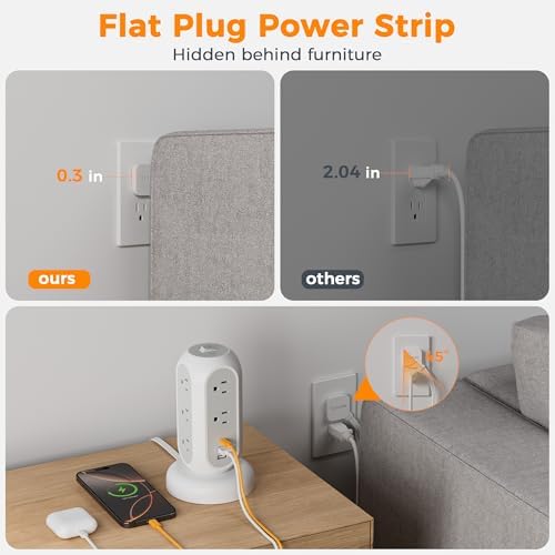 TESSAN Tower Power Strip Flat Plug with 1050J Surge Protection, 5 Ft, Grey