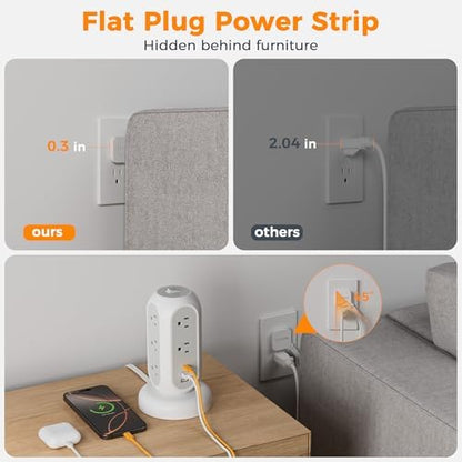 TESSAN Tower Power Strip Flat Plug with 1050J Surge Protection, 5 Ft, Grey