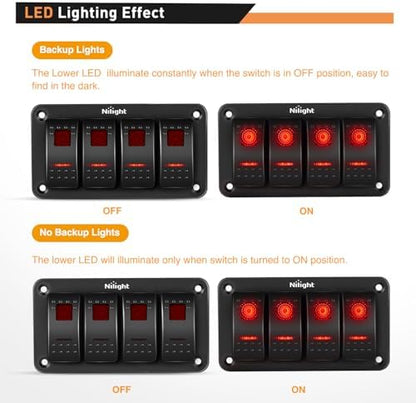 Nilight 4 Gang Rocker Switch Panel SPST On Off 5PIN Electrical Toggle Red