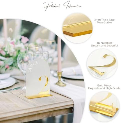 Frosted Arch Wedding Table Numbers 1-15, Gold Numbers and Stands