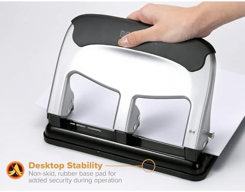 Bostitch Office EZ Squeeze Heavy Duty 3-Hole Punch for Home Office & School, 40-Sheet Capacity, One-Touch Reduced Force, Sleek Silver Design