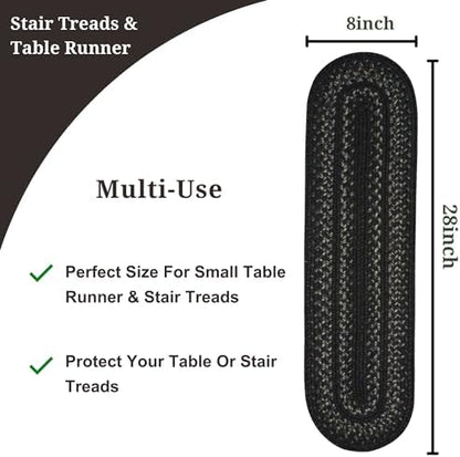 Homespice Jet Black Jute Braided Stair Treads, Oval 8x28 Set of 13