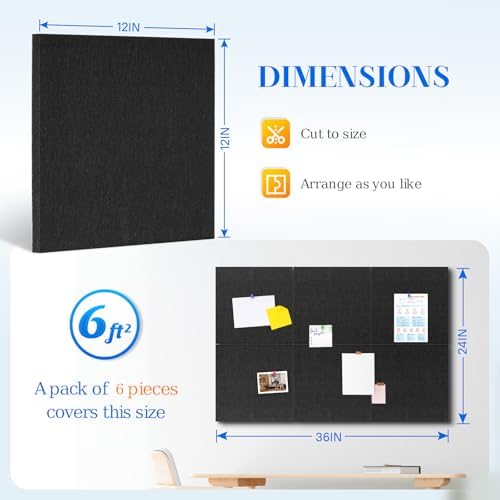 DOLLAR BOSS Felt Cork Board Tiles, 6 Pcs 12" x 12" Bulletin Board, Black