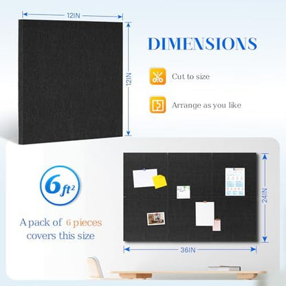 DOLLAR BOSS Felt Cork Board Tiles, 6 Pcs 12" x 12" Bulletin Board, Black