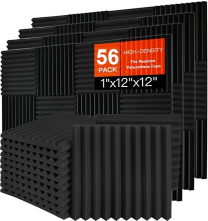 56 Pack Acoustic Foam Panels, 1" x 12"x 12" Sound Proof Foam Panels For Wall Fire Resistant, Noise Cancelling Dampening Sound Absorbing Black Wedge Panels For Studio Recording & Office & Home
