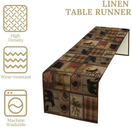 Rustic Bear Table Runner, Vintage Cottage Country Style Pine Tree Elk Wildlife Dinner Runner for Home Kitchen Dining Table Decoration 13"x108"