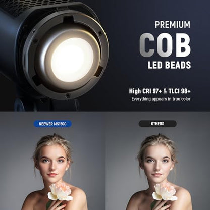 NEEWER MS150C RGBWW LED Video Light with 2.4G/APP Control, 150W Metal Mini RGB COB Continuous Output Lighting Bowens Mount Handheld Spotlight 2700K-6500K, 18000lux/1m, CRI97+/TLCI98+,17 Effects, RGBCW