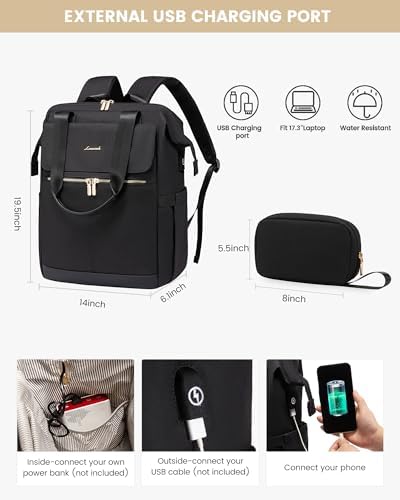 LOVEVOOK 17.3 Inch Laptop Backpack for Women, Large Capacity Travel Backpack with Organizer Bag, Waterproof Carry on Backpack Work Bag with USB Port, Teacher Nurse Backpack Purse, 2PCS, Black
