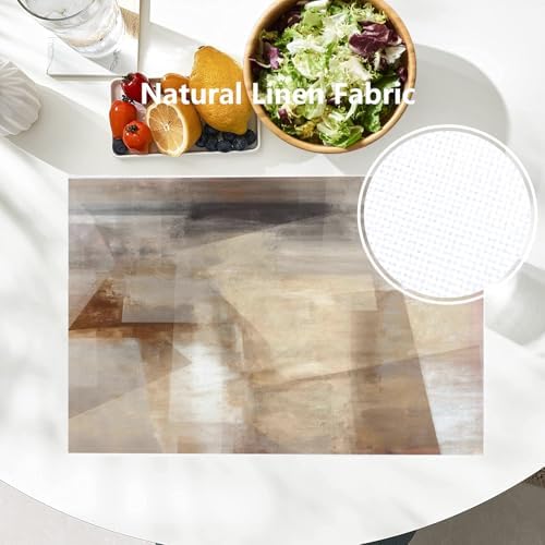 Batmerry Brown Abstract Art Linen Placemats Set of 6, Beige Painting Washable Table Mats for Kitchen Table Thickened Heat Insulation Dining Set Indoor Outdoor 12X18 in