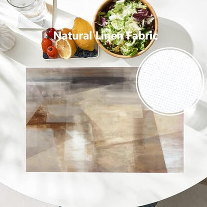 Batmerry Brown Abstract Art Linen Placemats Set of 6, Beige Painting Washable Table Mats for Kitchen Table Thickened Heat Insulation Dining Set Indoor Outdoor 12X18 in