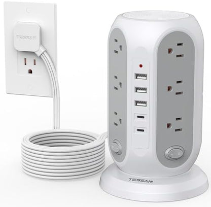 TESSAN Tower Power Strip Surge Protector, Flat Extension Cord 15 Ft, Grey