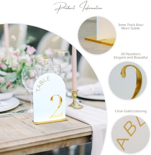 White Arch Wedding Table Numbers 1-10, Gold Numbers and Stands