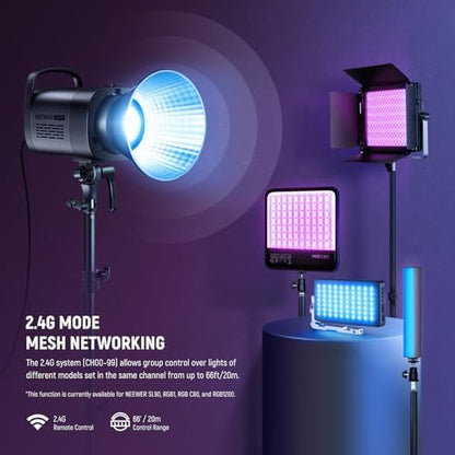 NEEWER CB100C 130w RGB LED Video Light, APP/2.4G Control 360° Full Color 2700K-6500K 27000lux/m COB Bowens Mount Silent Continuous Output Lighting TLCI/CRI97+ 17 Scenes for Video Recording Photography