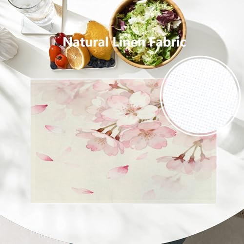 Batmerry Vintage Cherry Blossom Linen Placemats Set of 4, Delicate Watercolor Pink Flowers Washable Table Mats for Kitchen Table Thickened Heat Insulation Dining Set Indoor Outdoor 12X18 in