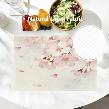 Batmerry Vintage Cherry Blossom Linen Placemats Set of 8, Delicate Watercolor Pink Flowers Washable Table Mats for Kitchen Table Thickened Heat Insulation Dining Set Indoor Outdoor 12X18 in