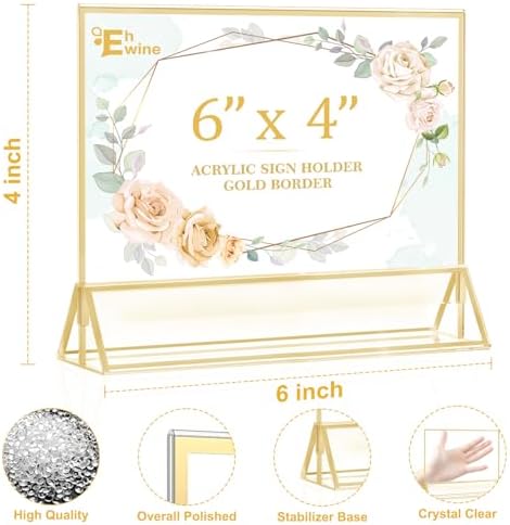 EHWINE 6 Pack Acrylic Sign Holder 4 x 6 Horizontal, Double-Sided Stand up Table Top Sign Holders, Gold Acrylic Picture Frame Menu Flyer Paper Holder Display Stand for Office Business Store Wedding Party