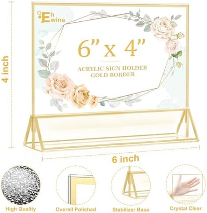 EHWINE 6 Pack Acrylic Sign Holder 4 x 6 Horizontal, Double-Sided Stand up Table Top Sign Holders, Gold Acrylic Picture Frame Menu Flyer Paper Holder Display Stand for Office Business Store Wedding Party