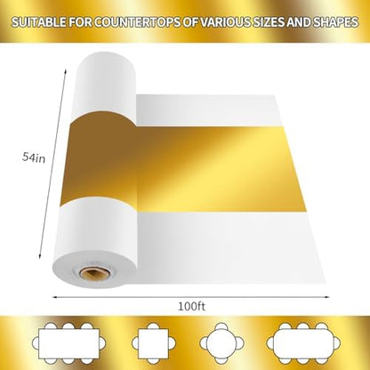 CXPSINC 54 Inch X 100 Feet Plastic Table Cover Roll Disposable Tablecloth with Slide Cutter for All Type/Shape Tables | Party, Banquet, Birthdays, Weddings(White & Glod, 100 Feet)