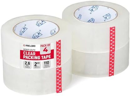 2" x 110 Yards Clear Packing Tape, Pack of 4 - Heavy-Duty 2.6 Mil Thick Carton Sealing Tape with Industrial Strength Adhesion for Packaging, Moving, or Shipping Boxes