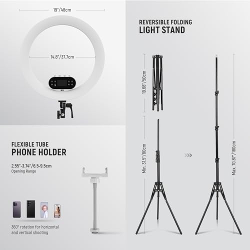 NEEWER 19" 100W High Power LED Ring Light with Tripod Stand & 3 Phone Holders Compatible with iPhone, 2900-7000K CRI97+ App&2.4G Control Lighting for Selfie Video Recording Makeup Streaming, RH100B
