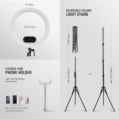 NEEWER 19" 100W High Power LED Ring Light with Tripod Stand & 3 Phone Holders Compatible with iPhone, 2900-7000K CRI97+ App&2.4G Control Lighting for Selfie Video Recording Makeup Streaming, RH100B