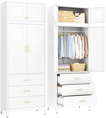SteeLoong 86" Metal Wardrobe Cabinet,Armoire Wardrobe Closet with 3 Drawers