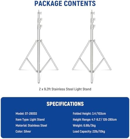 NEEWER 2Pcs 9.2ft Stainless Steel Light Stands, Spring Cushioned Heavy Duty Photography Tripod Stand with 1/4"-3/8" Adapter for Strobe Video Ring Light Monolight Softbox, 22lb Max Load, ST-280SS