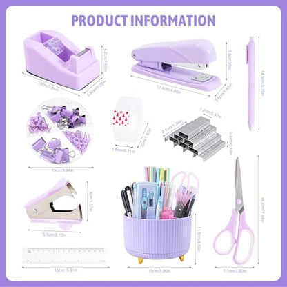 Gawsey Purple Desk Organizers and Accessories with Desk Organizer 360° Rotating Pen Holder and Office Supplies, Cute Stationery Supplies Set