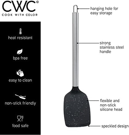 COOK WITH COLOR Silicone Cooking Utensils, Kitchen Utensil Set, Easy to Clean Silicone Kitchen Utensils, Cooking Utensils for Nonstick Cookware, Kitchen Gadgets Set, 5 Pieces, Speckled Black