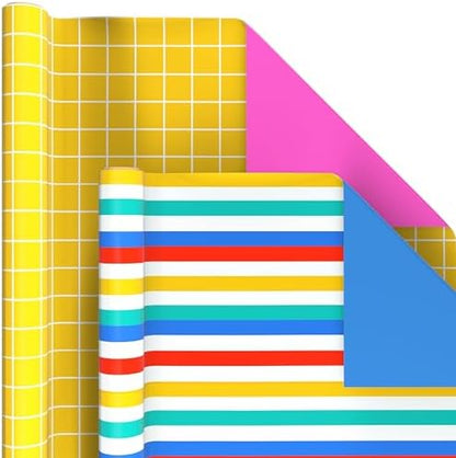 Hallmark Reversible Wrapping Paper Rolls - Checkered, Solids, Stripes, Polka Dots, Flowers, Gift Wrap Paper (Set of 6 Rolls: 150 sq. ft. ttl.) for Birthday, Christmas, Baby Shower, Graduation, All Occasion