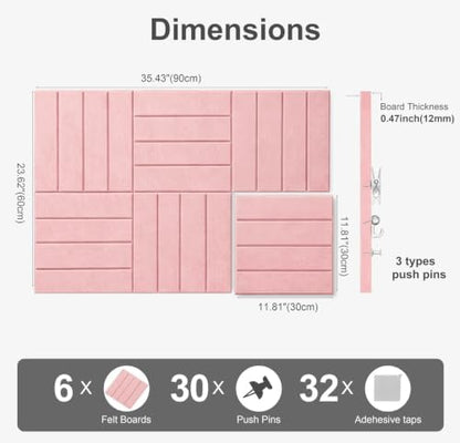0.47" Thick Felt Wall Tiles 36"x24" Cork Board Alternative 6 Pack 11.81"x11.81"Felt Bulletin Board Pin Board with Removable Adhesive Tape&30 Pushpins for Home Office School(Bold-Coral Pink)
