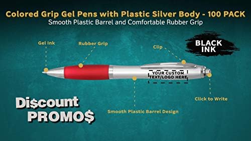 DISCOUNT PROMOS Custom Colored Grip Gel Pens Set of 100, Personalized Bulk Pack - Great for Office, School, Business, Tradeshows, Events - Red