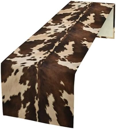 Cow Skin Print Table Runner, Western Rustic Cottage Country Farm Animal Fur Skin Pattern Black Cowhide Print Dinner Runner for Home Kitchen Dining Table Decoration 13"x108"