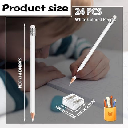 24PCS White Colored Pencils with Eraser Pre Sharpened Pencil 2 HB - Ideal for Checking, Grading, Tests & Office/School Supplies (White)