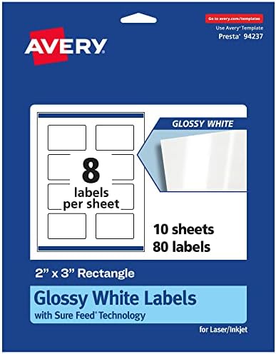 Avery® Rectangle Labels, Sure Feed® Technology, 2" x 3", 80 Glossy White Labels (36461)
