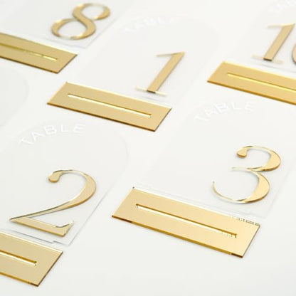 Clear Arch Wedding Table Numbers 1-10, Gold Numbers and Stands