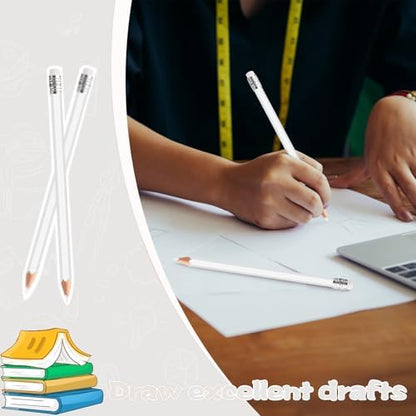24PCS White Colored Pencils with Eraser Pre Sharpened Pencil 2 HB - Ideal for Checking, Grading, Tests & Office/School Supplies (White)