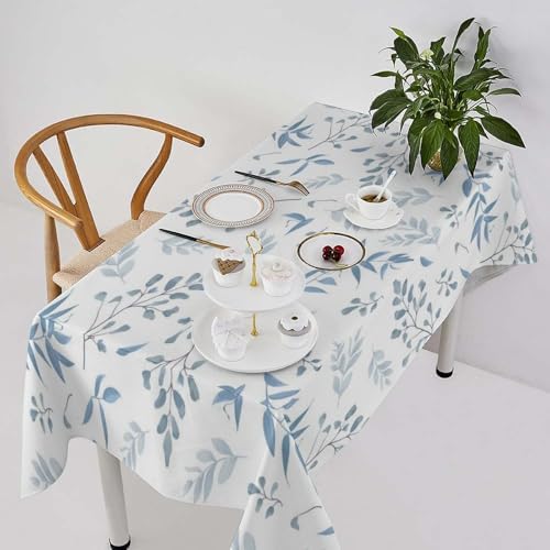 Blue Leaves Tablecloth, Summer Light Blue White Grey Leaves Fern Forest Herbs Plants Print Table Cloth for Indoor Outdoor Dining Table Party Picnic Decor 60x120in