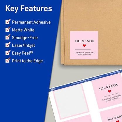 Avery® TrueBlock® Matte White Square Labels, Sure Feed® Technology, 3" x 3", 150 Matte White Labels, Print-to-The-Edge, Laser/Inkjet Printable, Great for Packaging and Product Merchandising