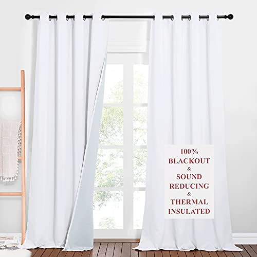 NICETOWN Noise Dampening Curtains for Large Window, Separating Wall Divider, Energy Smart & Full Blackout Drapes for Patio Door Office, Thermal Insulated Guest Room Lined Curtains (White, 52" x 108")