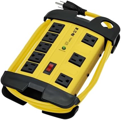 Tripp Lite Eaton TLM812SA Heavy Duty Power Strip with Surge Protection, 8 Outlets, 1500 Joules, Yellow Metal Housing, 12ft Cord, Keyhole Mounting Slots, Cord Wrap, Industrial Garage Work Shop Bench