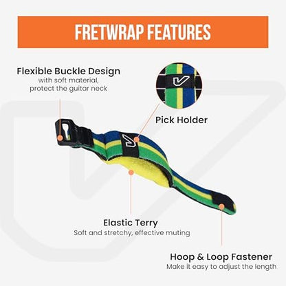 Gruv Gear Fret Wrap & Guitar Mute, Fretwrap for Acoustic, Electric & Bass | String Dampener Recording, Tapping & Practice Accessory (1 Pack, Small Green/Yellow/Blue, Fits 4 String Bass, 6 String
