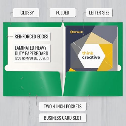 Better Office Products 2 Pocket Glossy Laminated Green Paper Folders, Letter Size, 25 Pack, Green Paper Portfolios, Box of 25