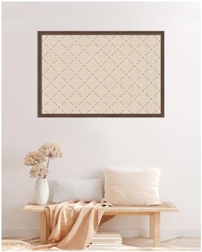 Kate and Laurel Framed Fabric Pinboard 38 x 26, Green Lattice Pattern Printed Linen Classic Bulletin Board for Use as a Vision Board or Wall Organization, Florence Medium Brown Frame