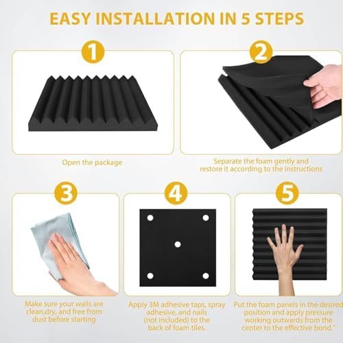 98 Pack Acoustic Foam Panels, 1" x 12"x 12" Sound Proof Foam Panels For Wall Fire Resistant, Noise Cancelling Dampening Sound Absorbing Black Wedge Panels For Studio Recording & Office & Home