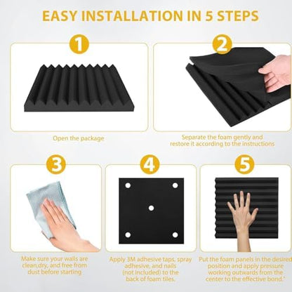98 Pack Acoustic Foam Panels, 1" x 12"x 12" Sound Proof Foam Panels For Wall Fire Resistant, Noise Cancelling Dampening Sound Absorbing Black Wedge Panels For Studio Recording & Office & Home