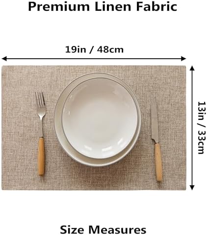 Demetex Linen Placemats Set of 6 Heat Resistant Wipeable Cloth Table Place Mats for Dining Table Indoor Restaurants, 13 x 19 inches, Linen