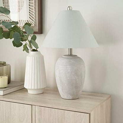 Nourison Home 23" Grey Vintage Distressed Ceramic Pot Table Lamp for Bedroom, Living Room, End Table, with Grey Conical Empire Shade