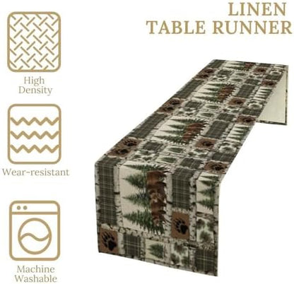 Rustic Cabin Moose Deer Bear Table Runner, Retro Bear Cottage Country Style Cabin Farmhouse Dinner Runner for Home Kitchen Dining Table Decoration 13x108inch